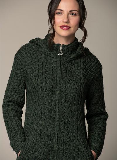 100% Irish Merino Wool Ladies Hooded Aran Zip Sweater Coat by West End Knitwear