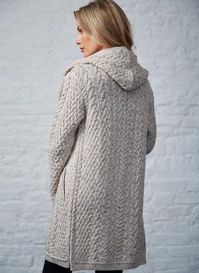Aran Cable Knit Long Hooded Cardigan in 