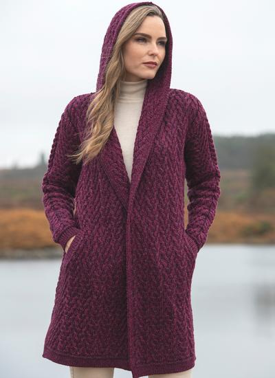 Aran Cable Knit Long Hooded Cardigan in 