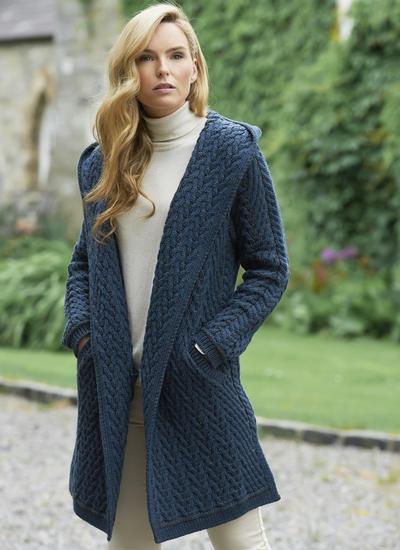 Warm Coat — Winter/Fall Traditional Aran Women's Hooded Zip Ireland Cardigan Kleding Dameskleding Sweaters Vesten 100% Merino Wool — Cable Rope & Braid Design — Irish Soft 