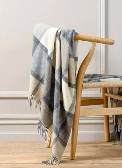 White & Grey Windowpane Merino Wool Throw