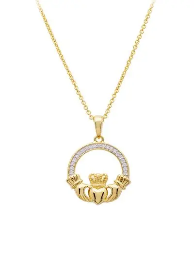 White background cut out shot of 14ct Gold Vermeil Claddagh Pendant with Cubic Zirconia