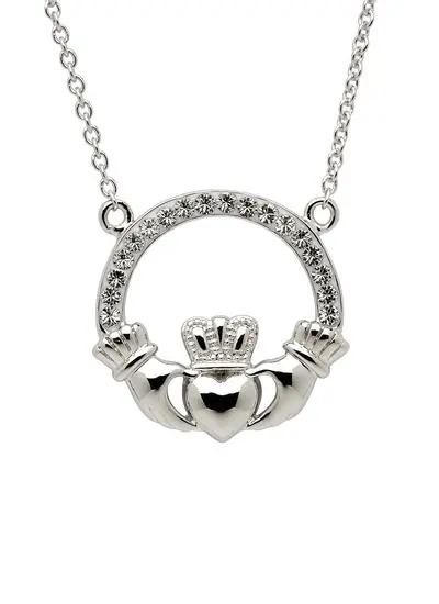 Sterling Silver Claddagh Pendant Encrusted With Swarovski Crystals