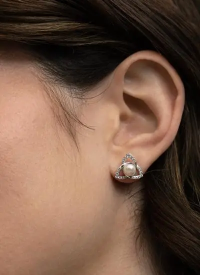 Sterling Silver Pearl Trinity Knot Stud Earrings