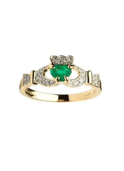 Ladies 14ct Gold Claddagh, Emerald & Diamond Set Ring