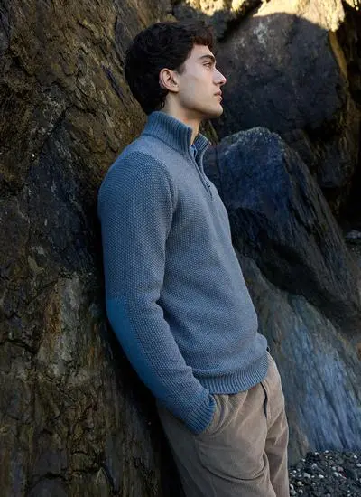 Fisherman Lambswool Seed Stitch Zip Neck Sweater