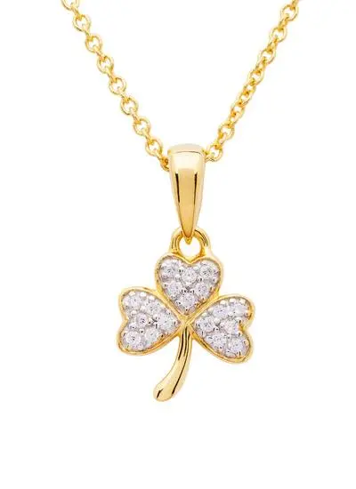 White background cut out image of 14Ct Gold Vermeil Shamrock Pendant with Cubic Zirconia