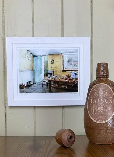 framed print of painting featuring old kitchen in rural ireland
