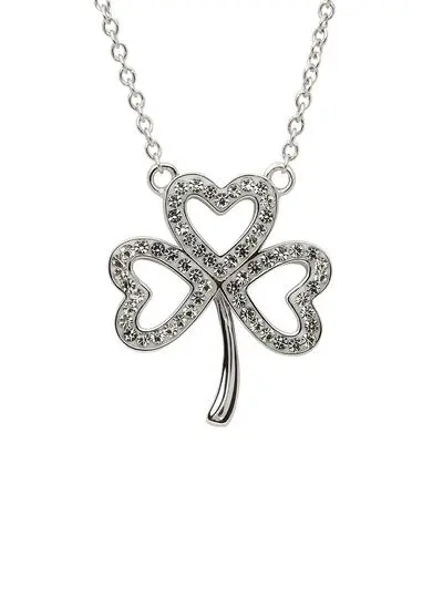 White background cut out shot of Sterling Silver Open Shamrock Pendant With Swarovski Crystals