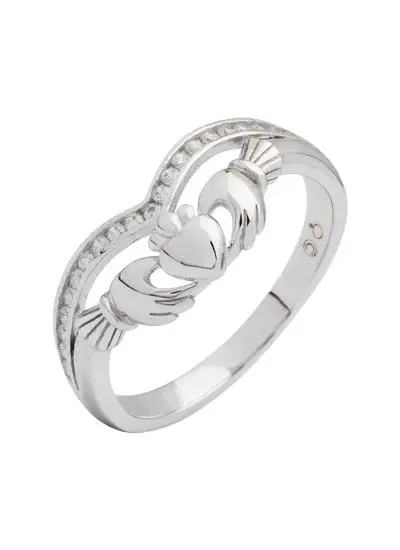 Sterling Silver Claddagh Wishbone Ring with Cubic Zirconia