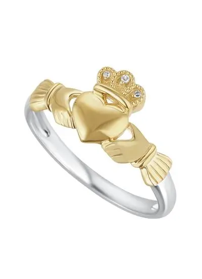 10ct Gold & Sterling Silver Diamond Claddagh Ring