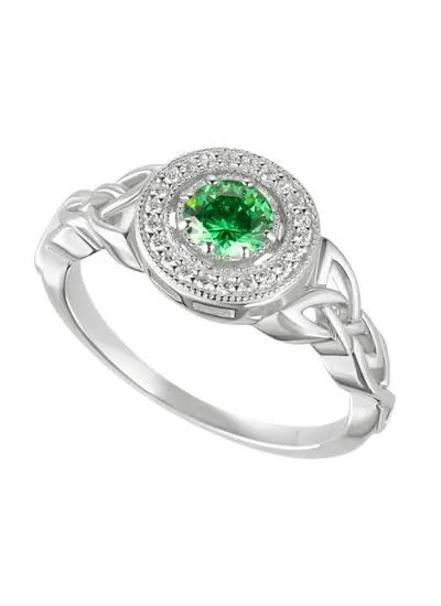Sterling Silver Trinity Knot Halo Ring with Green Cubic Zirconia