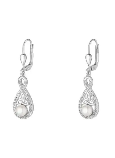 Sterling Silver Pearl & Crystal Trinity Knot Drop Earrings