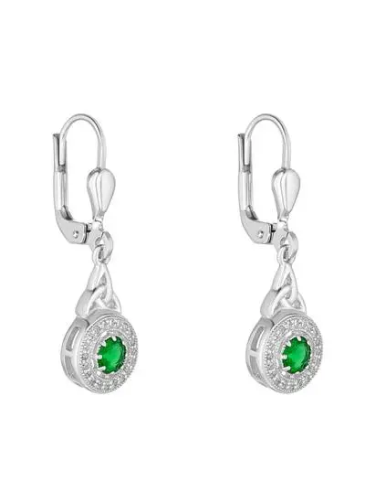 Sterling Silver Trinity Knot Drop Earrings with Green Cubic Zirconia