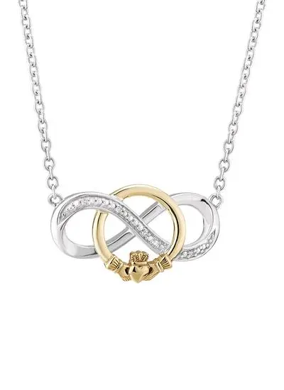 10ct Gold & Silver Diamond Claddagh Infinity Necklet