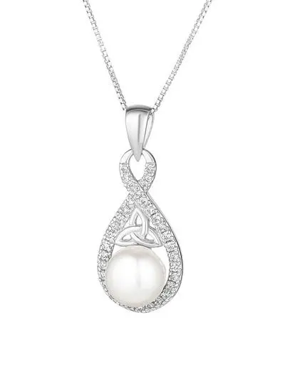 Sterling Silver Pearl & Crystal Trinity Knot Pendant