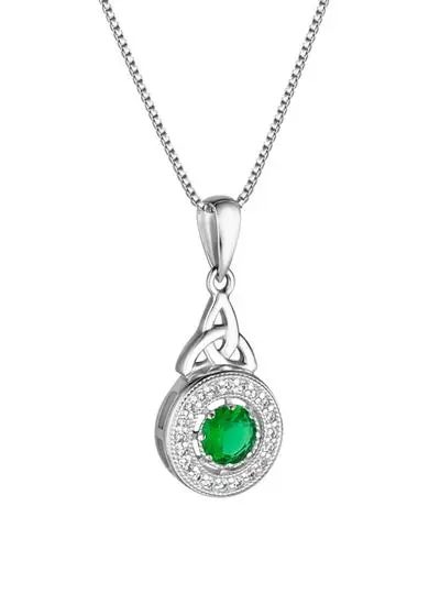 Sterling Silver Trinity Knot Halo Pendant with Green Cubic Zirconia