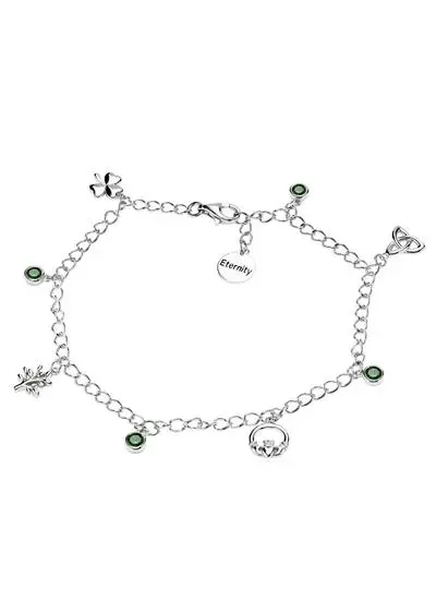 Sterling Silver Celtic Charm Bracelet with Green Cubic Zirconia