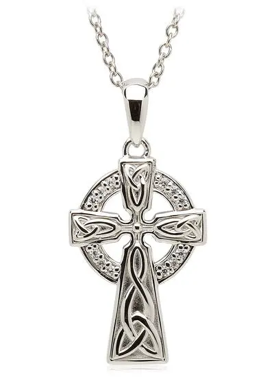 White background cut out shot of Sterling Silver Celtic Stone Trinity Knot Sterling Silver Cross