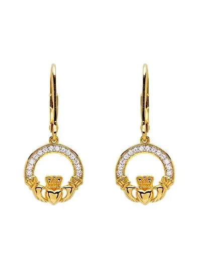 14ct Gold Vermeil Claddagh Drop Earrings with Cubic Zirconia