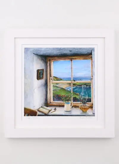 framed print of painting featuring a view from the window of a house in rural ireland