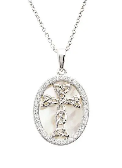 White background cut out shot of Sterling Silver Mother of Pearl Celtic Cross Medallion Pendant with White Crystals 