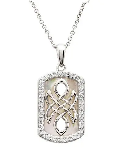  Sterling Silver Mother of Pearl Celtic Knot Medallion Pendant with White Crystals 