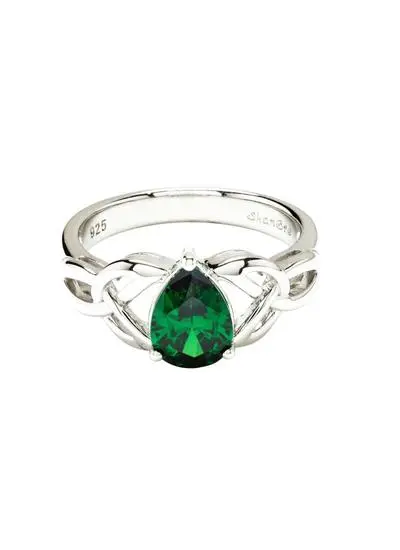 Sterling Silver Trinity Knot Ring with Green Stone