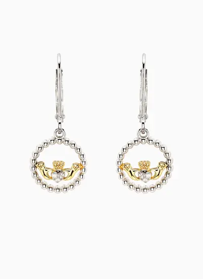 Sterling Silver Claddagh Drop Earrings with Gold Accent and Cubic Zirconia Lab Diamond