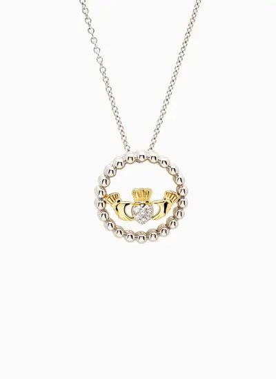 Sterling Silver Claddagh Pendant with Gold Accent and Cubic Zirconia Lab Diamond