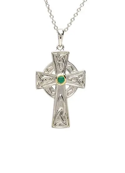 White background cut out shot of Sterling Silver Emerald Celtic Cross Pendant