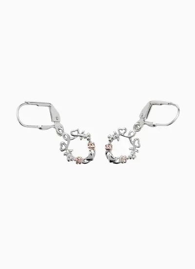 Grey background cut out shot of Sterling Silver Shamrock Claddagh Heart Earrings