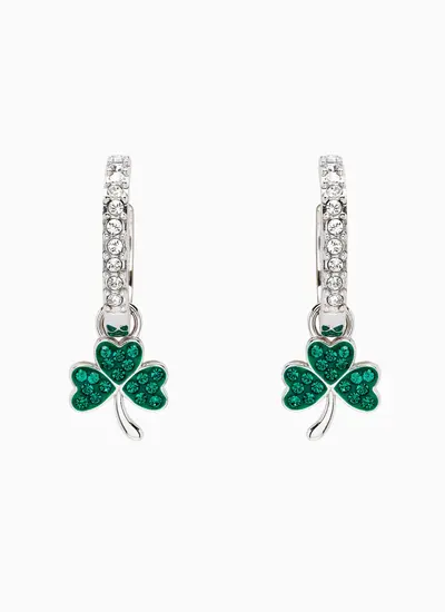 Sterling Silver Shamrock Drop Earrings With Sparkling Green Crystals and Clear Crystal Rings