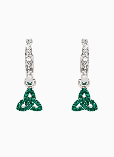 Sterling Silver Trinity Knot Drop Earrings With Sparkling Green Crystals and Clear Crystal Rings