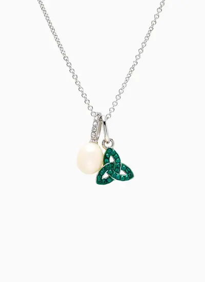 Sterling Silver Trinity Pendant with Pearl and Green Crystal Ethical Diamonds
