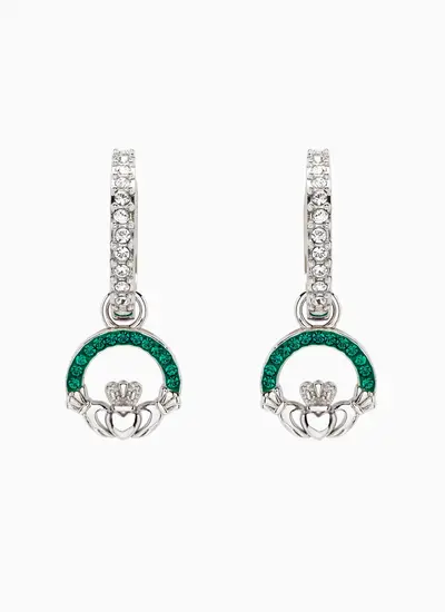 Green Crystal Claddagh Drop Earrings Clear Crystal Hoop Sterling Silver