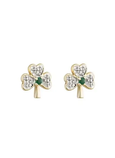 14ct Gold Diamond & Emerald Shamrock Stud Earrings