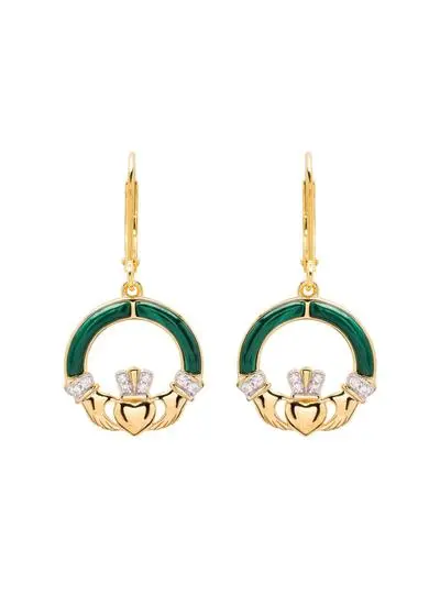 14ct Gold Vermeil Claddagh Earrings with Malachite & Cubic Zirconia