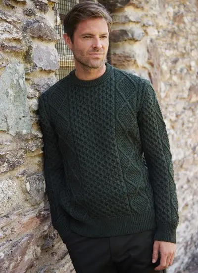 Connall Crew Neck Aran Sweater in Army Green | Blarney