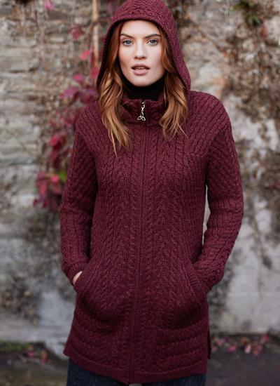 Side Pockets Kleding Dameskleding Sweaters Vesten 100% Merino Wool Ireland Cardigan — Funnel Neck Zip Poncho Jacket for Women — Soft & Warm Knitted Coat — Irish Aran Knitting 