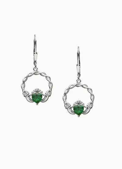 Sterling Silver Green Stone Claddagh Drop Earrings 