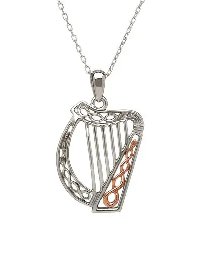 Sterling Silver & Irish Red Gold Celtic Harp Pendant