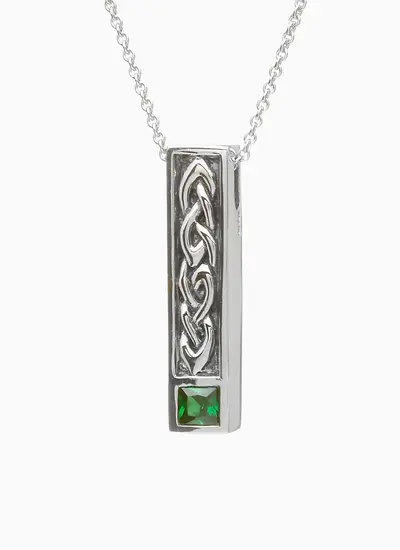 Sterling Silver Celtic Bar Pendant with Green Cubic Zirconia