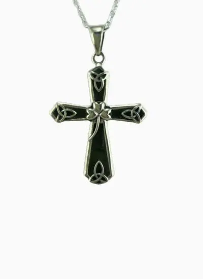 Sterling Silver Celtic Cross with Shamrock and Marble Pendant