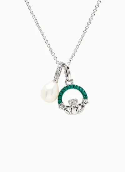 Sterling Silver Claddagh Pendant with Pearl and Green Crystals 
