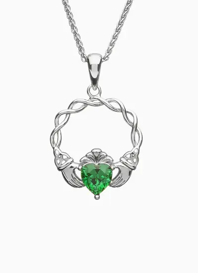 Sterling Silver Brilliant Green Cubic Zirconia Stone with a Claddagh Symbol Pendant