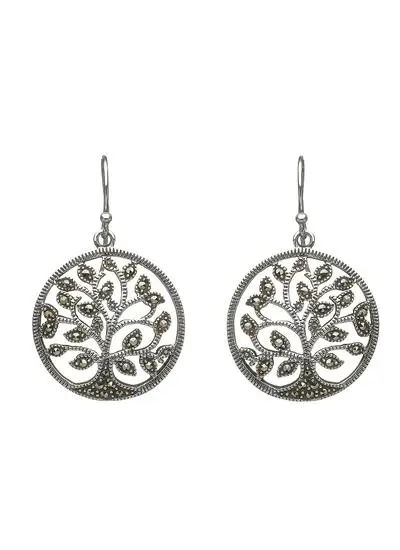 Sterling Silver Marcasite Tree of Life Drop Earrings