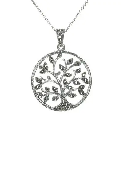 White background cut out shot of Sterling Silver Marcasite Tree of Life Pendant
