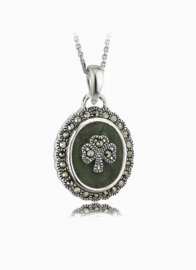 Classic Pale Bronze White Iron Marcasite Shamrock Pendant with Silver Chain