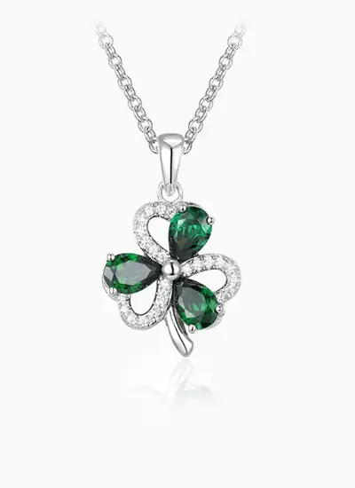 Radiant Shamrock Pendant With Interlinked Small White Cubic Zirconia Stones and Larger Green Stones with Sterling Silver